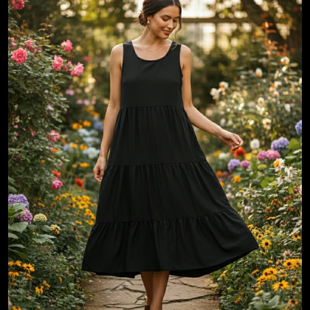 Chic Black Tiered Sleeveless Midi Dress | Classic Boho FloMinimalist Style Large